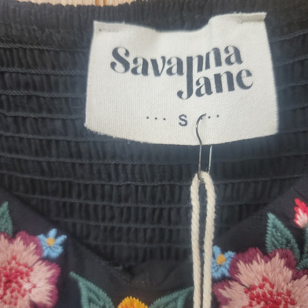 Savanna Jane Cottagecore Folk Black Floral Embroidered Boho Peasant Top Small - Picture 3 of 4